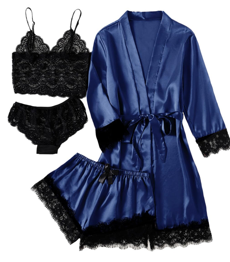 LYANER Women's Sexy Silk Satin Pajamas Set 4pcs Lingerie Nightwear Floral Lace Cami Pjs Sleepwear with Robe